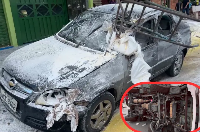 Caminhão capota após colisão com carro e motorista é preso por embriaguez em Porto Velho