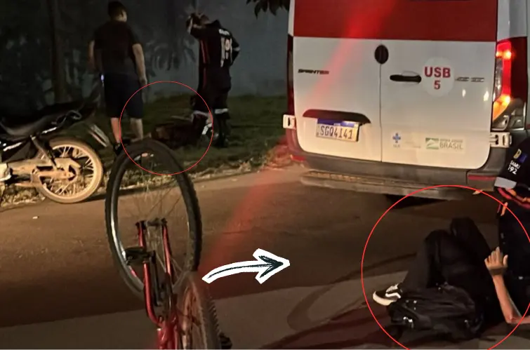 Três pessoas ficam feridas após acidente entre moto e ciclista em Porto Velho
